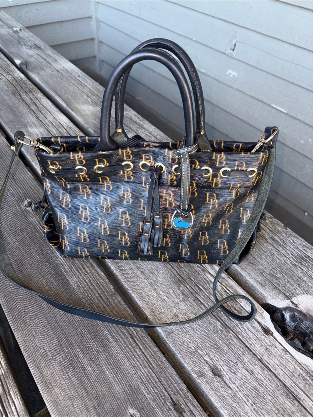 VINTAGE Dooney & Bourke 1975 Signature Black with Gold DB TOTE Satchel USA 90s